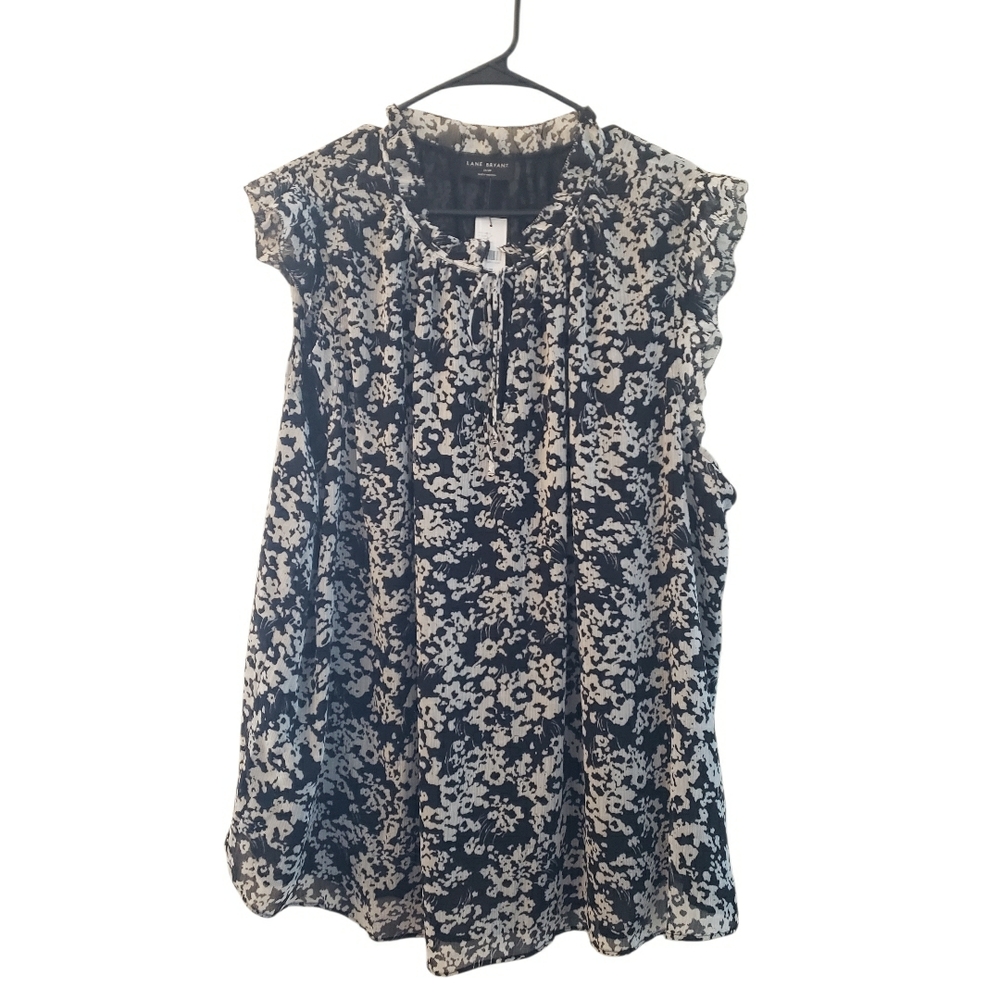 Lane Bryant Black and White Floral Ruffle Sleeveless Blouse